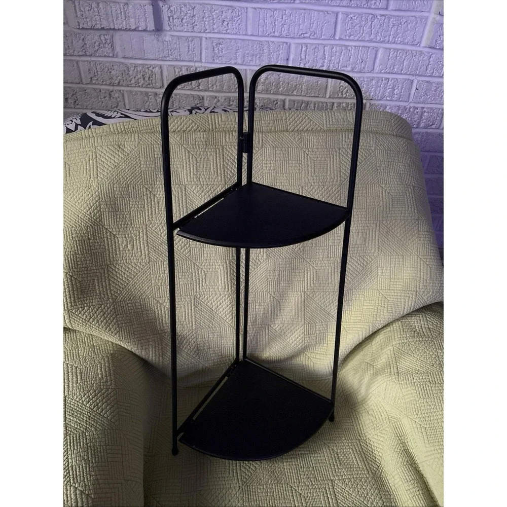 Minimalist Folding 2 Tier Shelf Black Metal Bathroom Kitchen Plant Stand 25.5